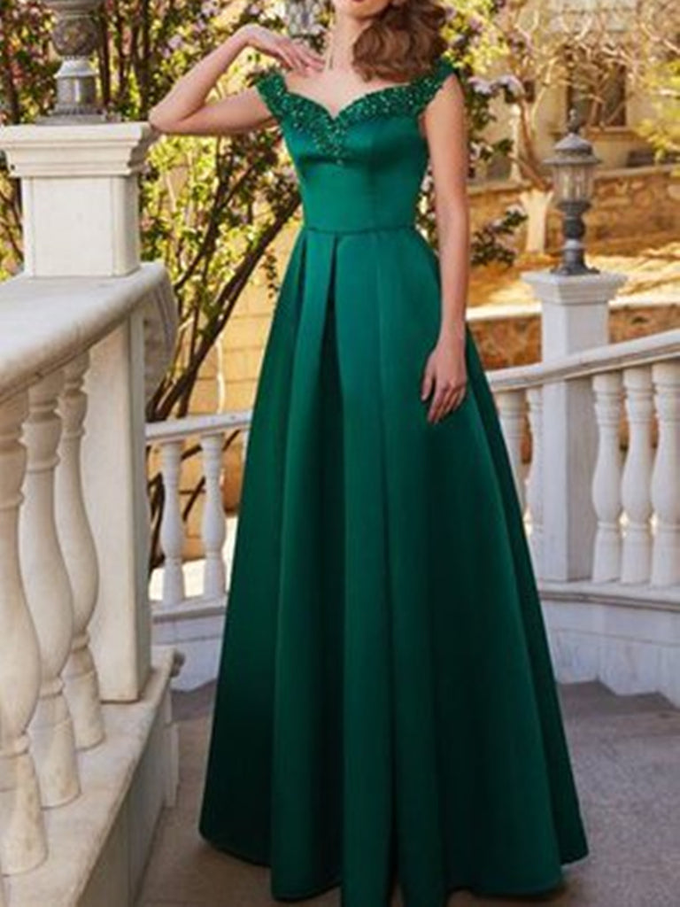 Emerald Green Off The Shoulder Satin A Line Floor Length Prom Dress, E morievent Emerald Green Off The Shoulder Satin A Line Floor Length Prom Dress, E morievent