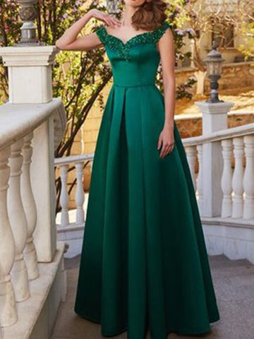 Emerald Green Off The Shoulder Satin A Line Floor Length Prom Dress, Emerald Green Off The Shoulder Evening Dress