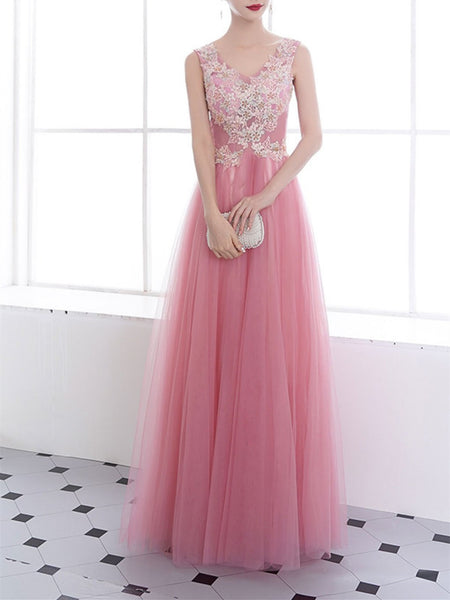 Pink v neck tulle lace long prom dress, pink tulle lace formal evening dress
