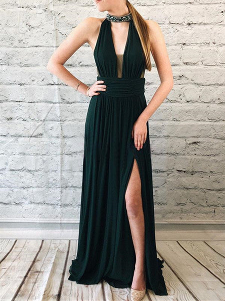 Chic Halter Dark Green Open Back Chiffon Long Prom Dress With Beading Split Keyhole, Dark Green Formal Evening Dress