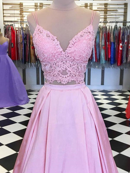 V Neck Pink Two Pieces Lace Prom Dresses With Spaghetti Straps, Pink Lace Evening Dresses