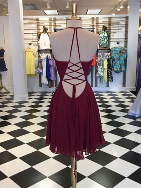 Burgundy v neck short prom dress, Burgundy short graduation homecoming dress