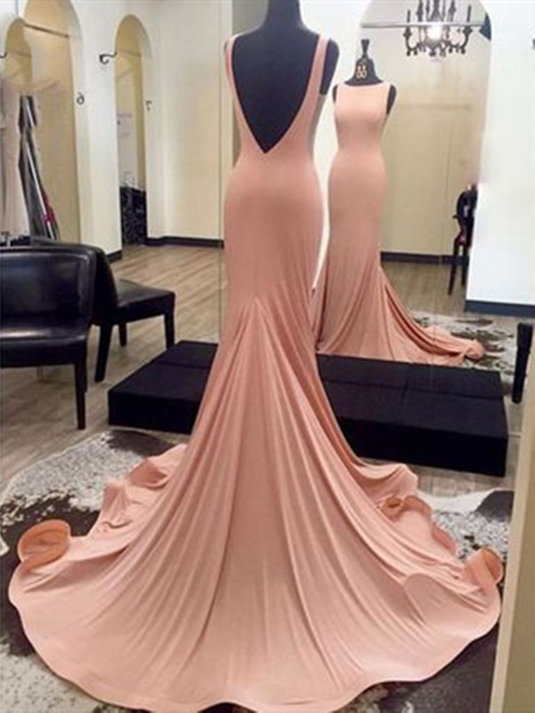 Open Back Round Neck Pink Mermaid Long Prom Dress, Round Neck Pink Mermaid Evening Dress