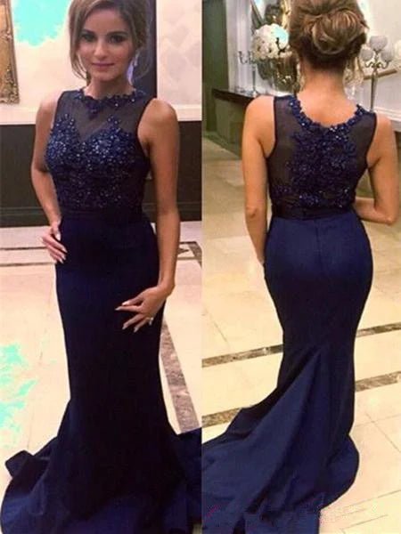 Round Neck Mermaid Sweep Train Navy Blue Lace Prom Dresses, Navy Blue Lace Formal Dresses