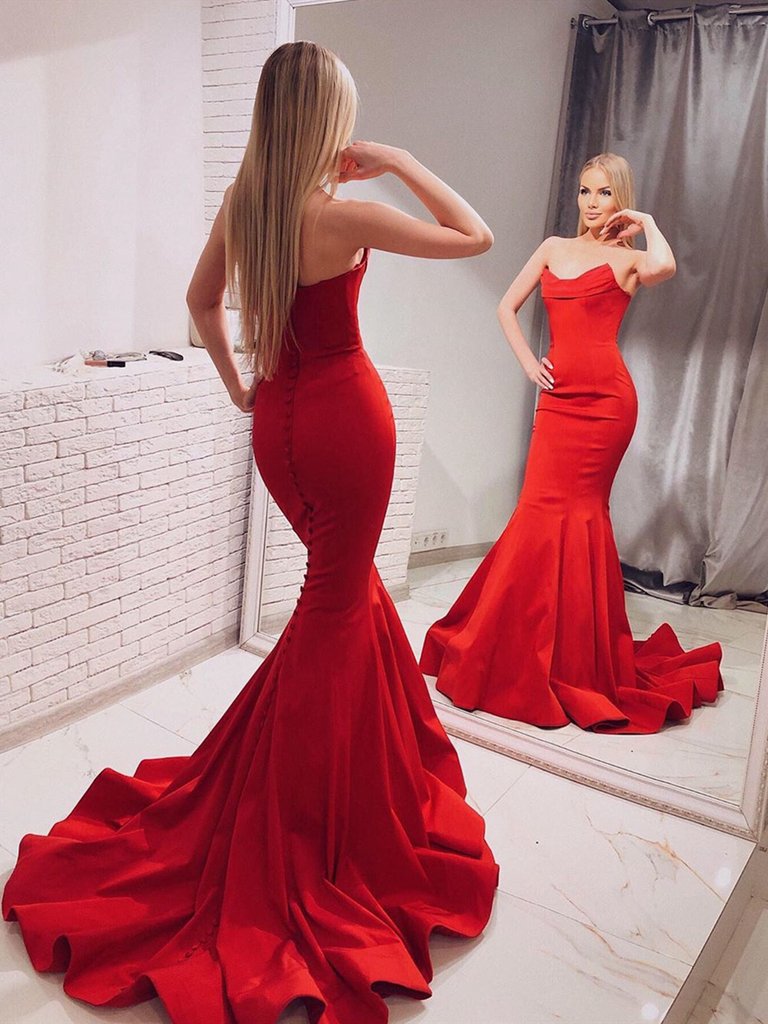 Strapless Mermaid Red Long Prom Dresses, Mermaid Red Formal Dresses, Red Evening Dresses