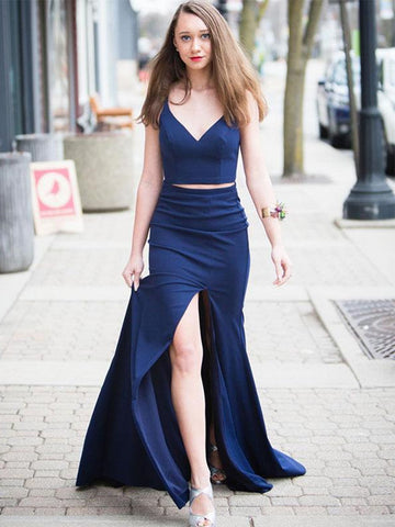 V neck dark blue two pieces long prom dress,  Dark blue 2 pieces evening dress