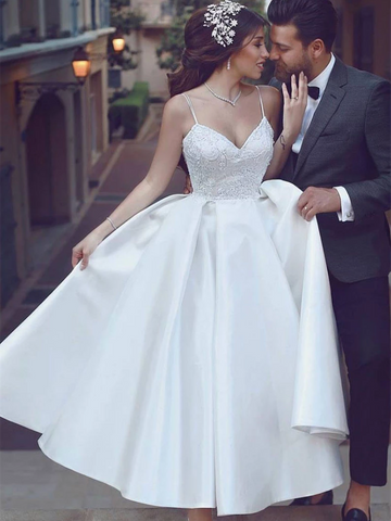 Simple Sweetheart White Tea Length Prom Dresses, Sweetheart White Tea Length  Wedding Dresses