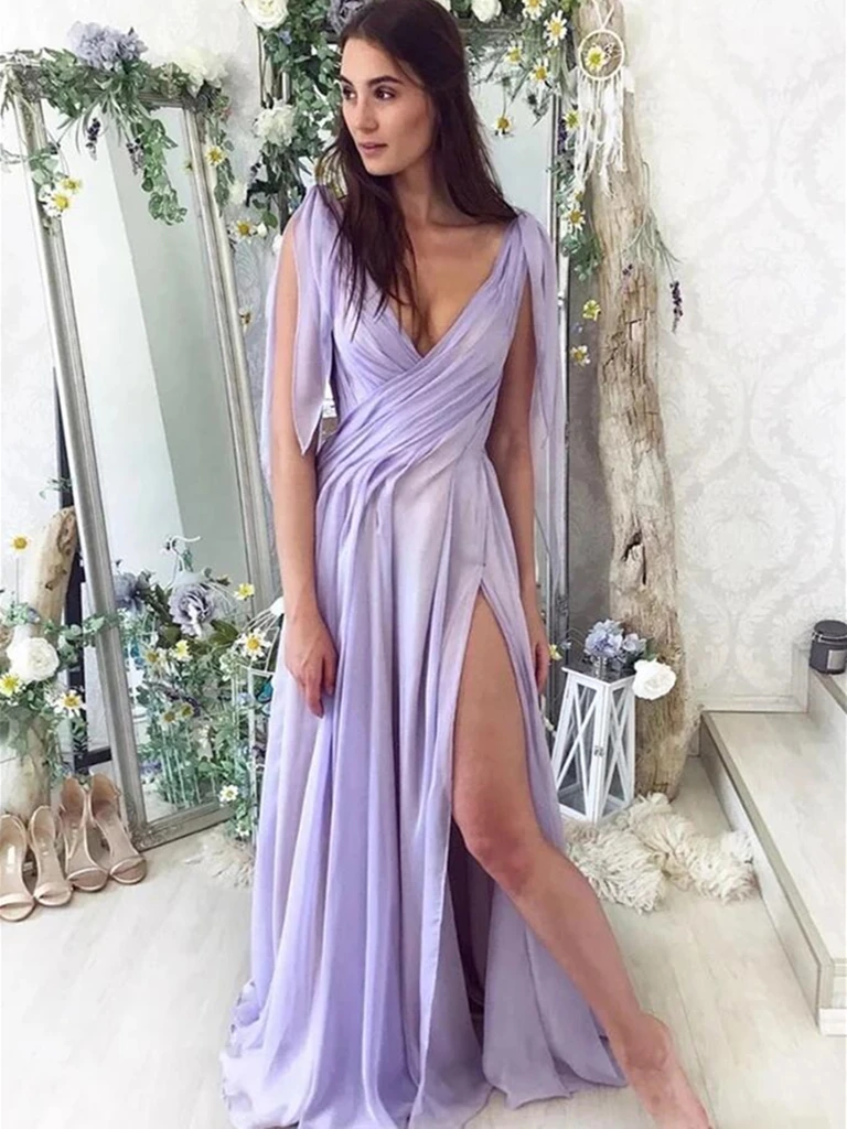 Sexy Deep V Neck Purple Chiffon Long Prom Dresses With Leg Slit,  V Neck Purple Long Formal Evening Dresses