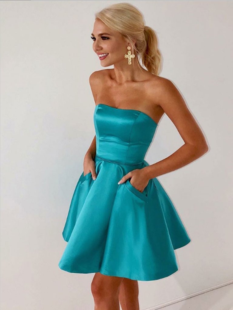 Short Strapless Prom Dresses with Pockets, Short Formal Homecoming Dresses with  Pockets