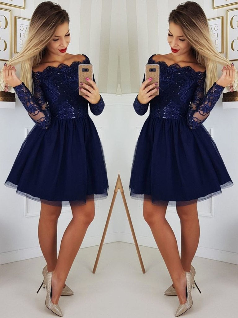 A Line Long Sleeves Lace Navy Blue Short Prom Dresses, Navy Blue Lace morievent A Line Long Sleeves Lace Navy Blue Short Prom Dresses, Navy Blue Lace morievent