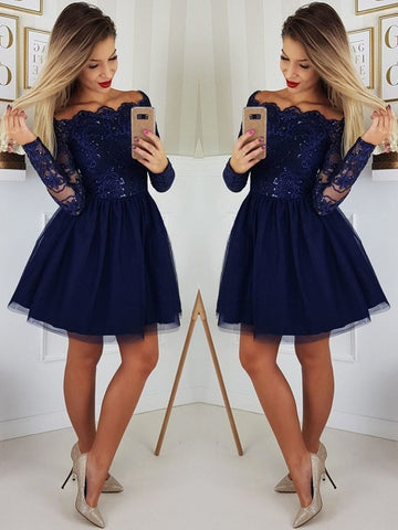 A Line Long Sleeves Lace Navy Blue Short Prom Dresses, Navy Blue Lace Homecoming Dresses