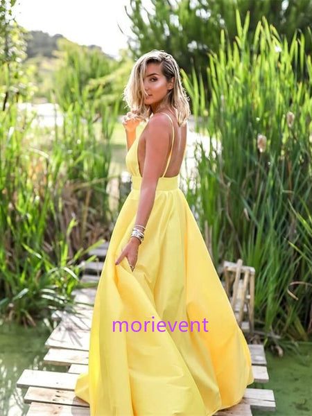 A Line V Neck Yellow Satin Long Prom Dresses, Yellow Long Evening Dresses, Backless Formal Dresses