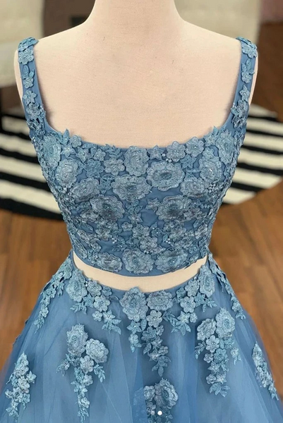 Two Piece Blue Lace Long Prom Dresses, 2 Piece Blue Lace Formal Evening Dresses
