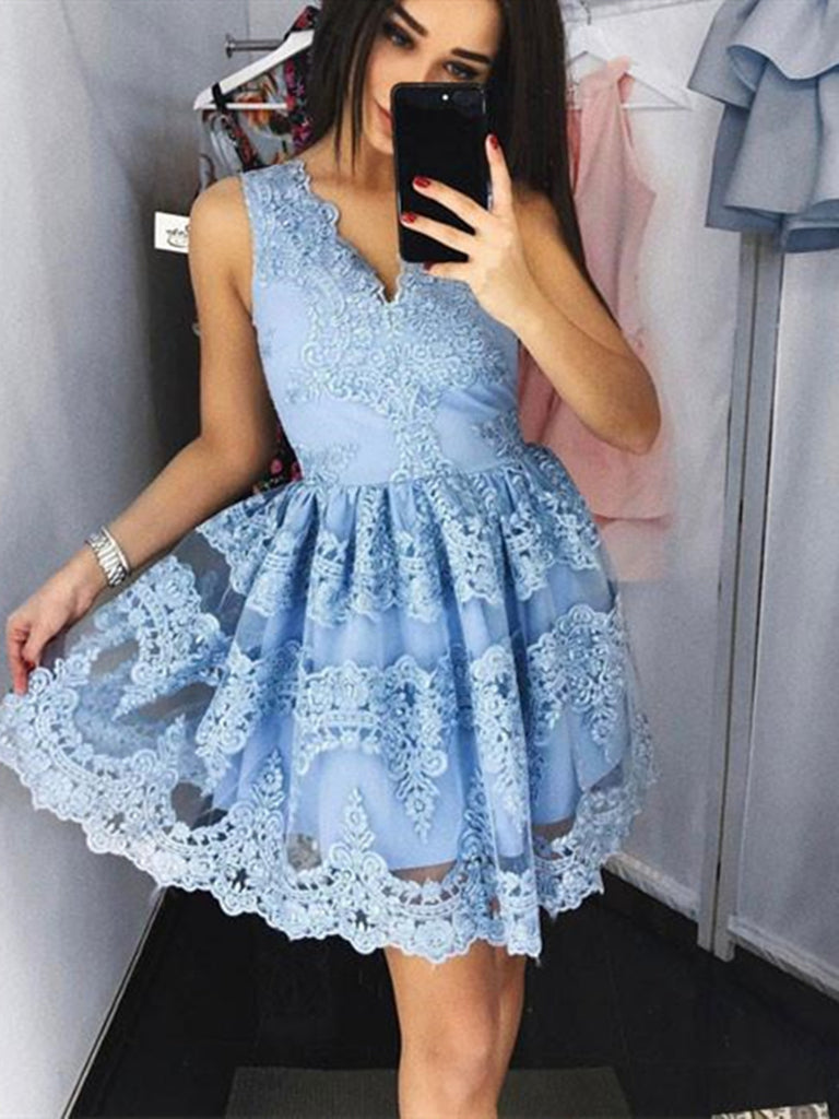Cute Blue Lace Short Prom Dresses,  Blue Lace Short Graduation Homecoming Dresses