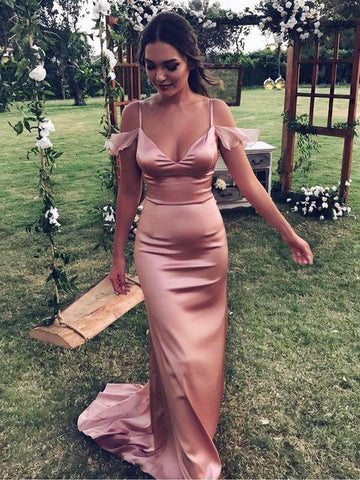 V Neck Spaghetti Straps Sweep Train Blush Bridesmaid Dresses, Off Shoulder Sweep Train Blush Formal Evening Dresses