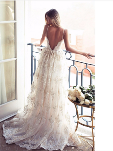 V Neck Backless Lace Ivory Wedding Dress with Champagne Appliques, Backless Lace Prom Dresses