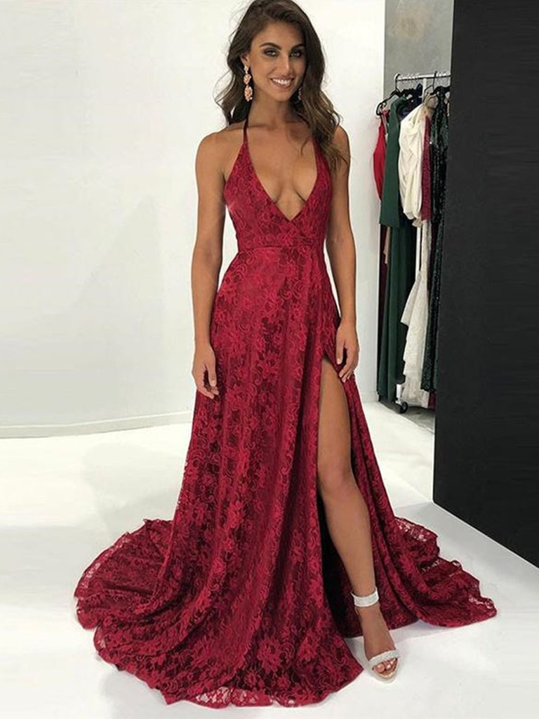 A Line V Neck Burgundy Lace Prom Dresses With Leg Slit, Backless Burgu –  morievent