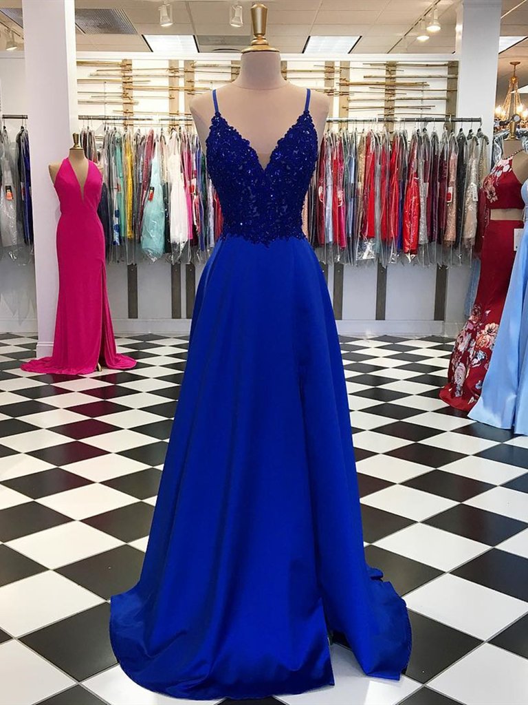 V Neck Blue Lace Prom Dresses，Blue Lace Formal Graduation Evening Dresses