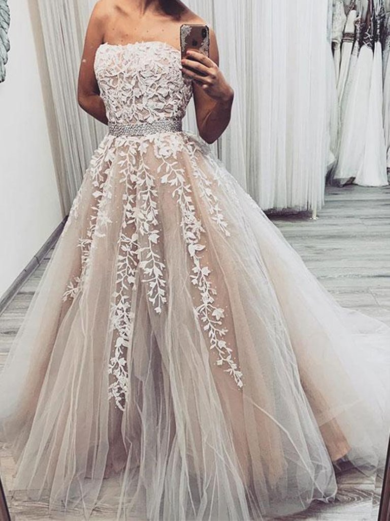 A Line Strapless Champagne Lace long  Wedding Dress, Champagne Lace Long Prom Dresses Formal Graduation Evening Dresses