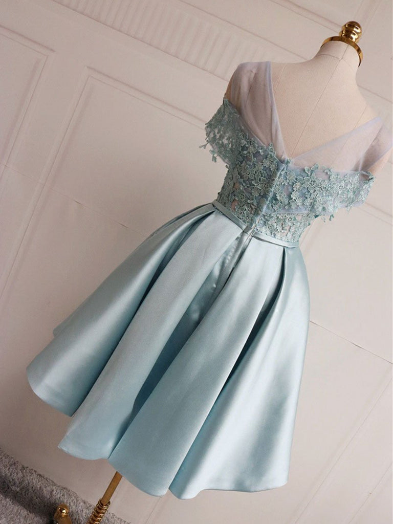 A Line Blue Lace Short Prom Dresses, Blue Lace Short Formal Homecoming – morievent