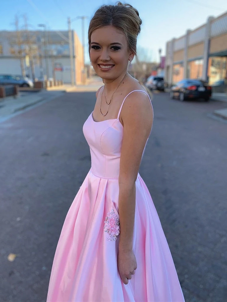 A Line Pink Satin Long Prom Dresses with Pockets, Pink Satin Long Formal Evening Graduation Dresses