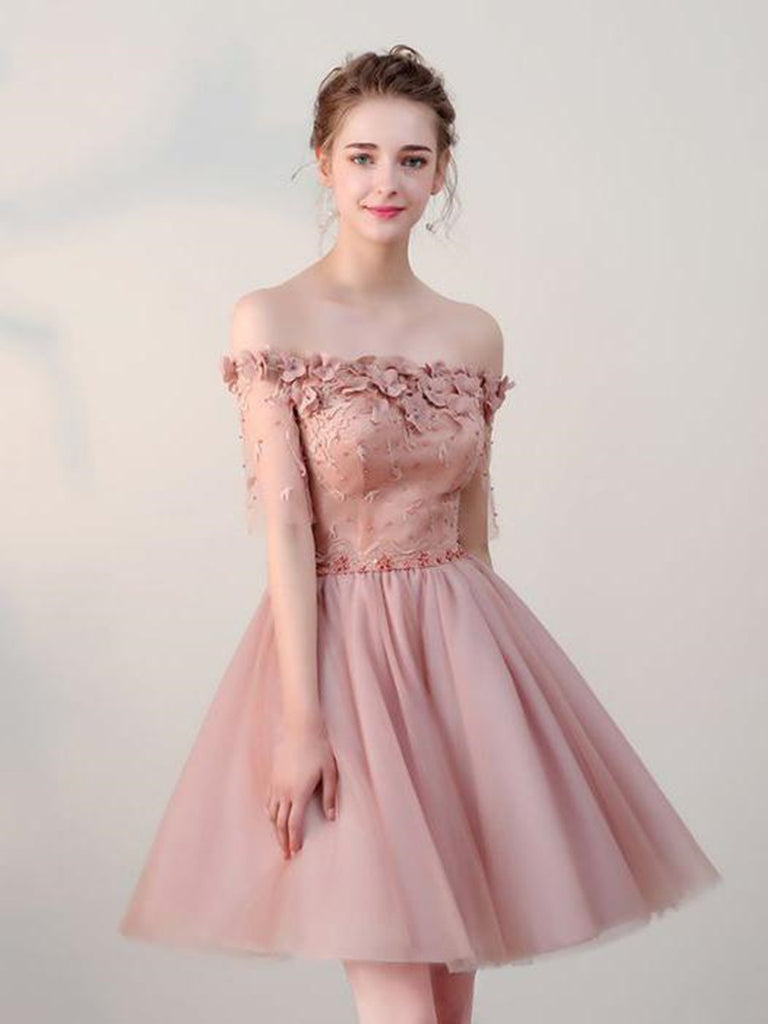 Dusty Pink Off Shoulder Short Sleeves Cheap Homecoming Dress, Dusty Pi morievent Dusty Pink Off Shoulder Short Sleeves Cheap Homecoming Dress, Dusty Pi morievent