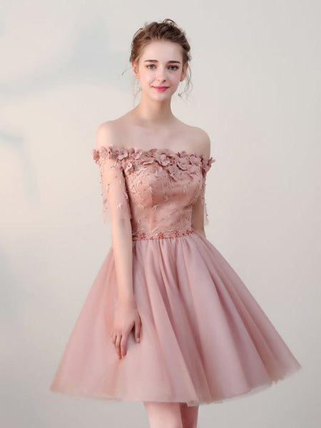 Dusty Pink Off Shoulder Short Sleeves Homecoming Dress, Dusty Pink Off Shoulder Short Sleeves Prom Dress