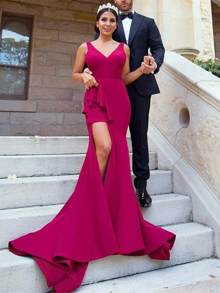 V Neck Mermaid Burgundy Satin Long Bridesmaid Dress With Side Split, M morievent V Neck Mermaid Burgundy Satin Long Bridesmaid Dress With Side Split, M morievent