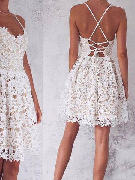 V Neck Ivory Lace Short Backless Spaghetti Straps Prom Dress, Lace Short Graduation Homecoming Dress