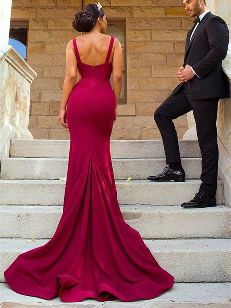 V Neck Mermaid Burgundy Satin Long Bridesmaid Dress With Side Split, M morievent V Neck Mermaid Burgundy Satin Long Bridesmaid Dress With Side Split, M morievent