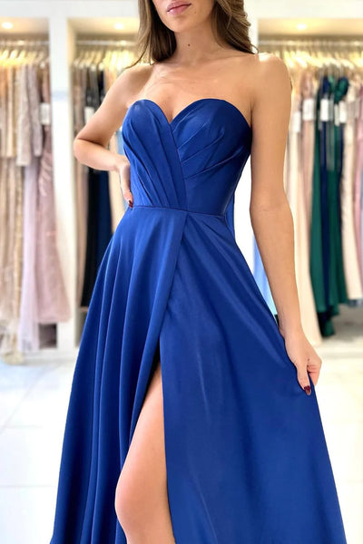 Blue Strapless Long Prom Dress, Simple A Line Sweetheart Evening Dress