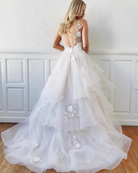 V Neck  White Backless Lace Wedding Dresses,  V Neck White Floral Lace Prom Dresses, Formal Evening Gowns