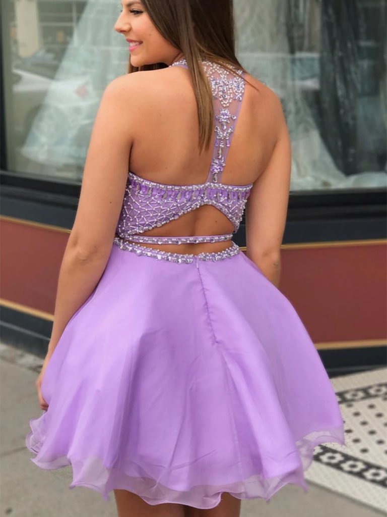 Round Neck Two Pieces Beaded Purple Short Prom Dresses, 2 Pieces Beade morievent Round Neck Two Pieces Beaded Purple Short Prom Dresses, 2 Pieces Beade morievent