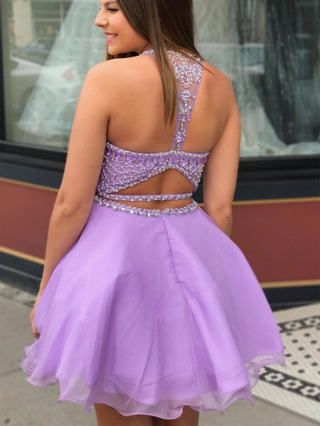 Round Neck Two Pieces Beaded Purple Short Prom Dresses, 2 Pieces Beaded Purple Formal Graduation Homecoming Evening Dresses