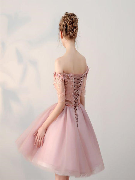 Dusty Pink Off Shoulder Short Sleeves Homecoming Dress, Dusty Pink Off Shoulder Short Sleeves Prom Dress