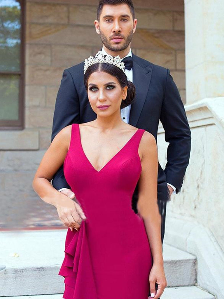 V Neck Mermaid Burgundy Satin Long Bridesmaid Dress With Side Split, M morievent V Neck Mermaid Burgundy Satin Long Bridesmaid Dress With Side Split, M morievent