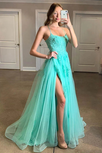 Spaghetti Straps Blue/Mint Green/Yellow/Pink Backless Lace Long Prom Dresses With Leg Slit, Long Backless  Lace Formal Evening Dresses