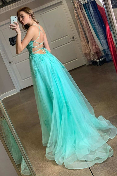 Spaghetti Straps Blue/Mint Green/Yellow/Pink Backless Lace Long Prom Dresses With Leg Slit, Long Backless  Lace Formal Evening Dresses