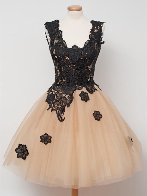 Custom Made Short Champagne Prom Dresses with Black Lace Appliques, Ch morievent Custom Made Short Champagne Prom Dresses with Black Lace Appliques, Ch morievent