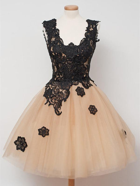 Custom Made Short Champagne Prom Dresses with Black Lace Appliques, Champagne Homecoming Dresses, Graduation Dresses