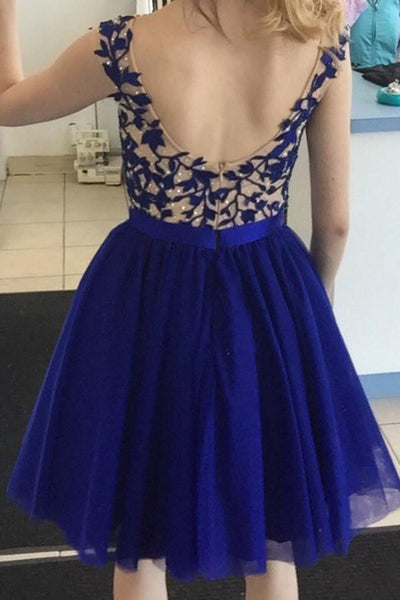 A Line Round Neck Cap Sleeves Short Royal Blue Prom Dress, Short Royal Blue Homecoming Dress, Graduation Dress, Bridesmaid Dress