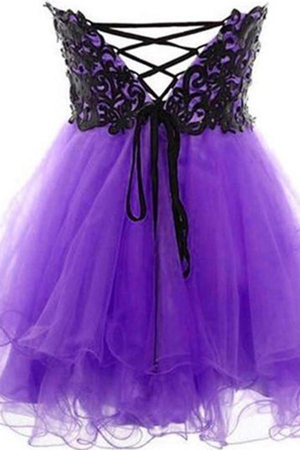 Sweetheart Neck Short Purple Prom Dress with Black Lace, Short Purple morievent Sweetheart Neck Short Purple Prom Dress with Black Lace, Short Purple morievent