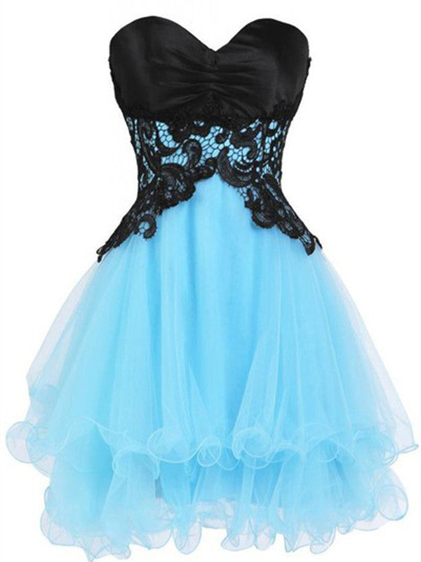 Sweetheart Neck Backless Short Blue Prom Dress with Black Lace Flower, morievent Sweetheart Neck Backless Short Blue Prom Dress with Black Lace Flower, morievent