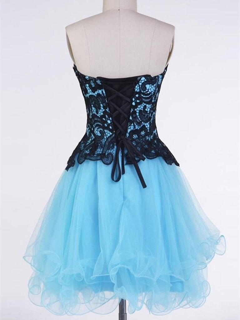 Sweetheart Neck Backless Short Blue Prom Dress with Black Lace Flower, morievent Sweetheart Neck Backless Short Blue Prom Dress with Black Lace Flower, morievent