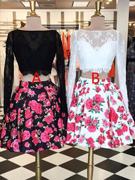 Charming 2 Pieces Long Sleeves Floral Prom Dresses, Homecoming Dresses, Formal Dresses