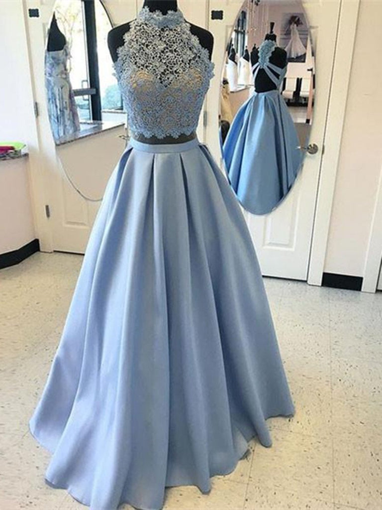 Custom Made A Line High Neck 2 Pieces Blue Lace Prom Dresses, 2 Pieces Lace Formal Dress, Graduation Dress
