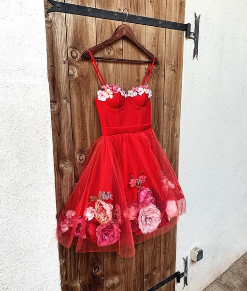 Sweetheart Neck Red Short 3D Floral Prom Dresses,  Red Floral Short Formal Homecoming Dresses
