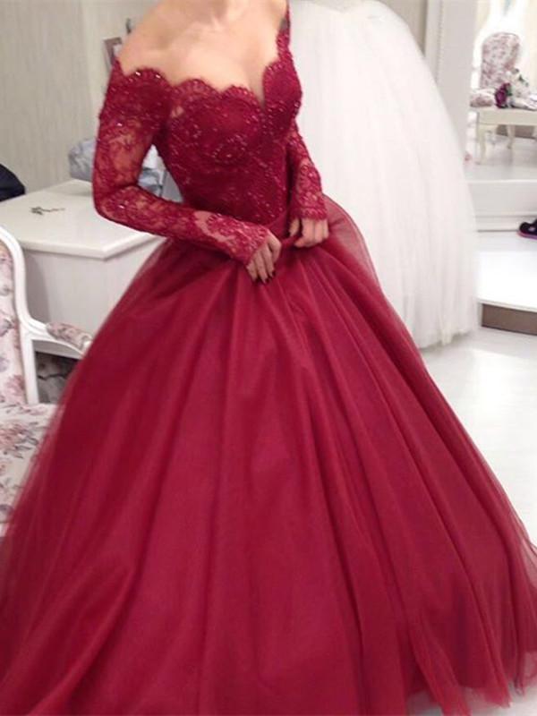 long sleeve lace burgundy prom dress Sweetheart Long Sleeve Burgundy Prom Dress With Lace Appliques PG310 US0 / Burgundy