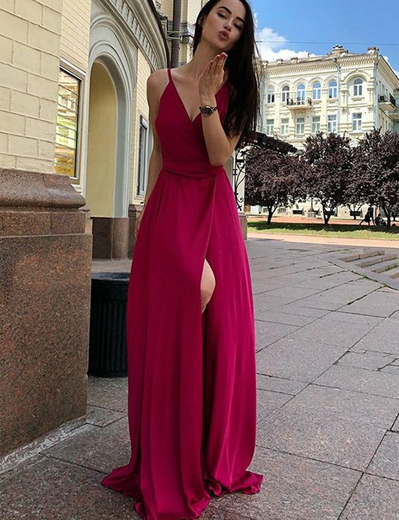 A Line V Neck Burgundy/Green Prom Dresses With Front Slit, V Neck Burg morievent A Line V Neck Burgundy/Green Prom Dresses With Front Slit, V Neck Burg morievent