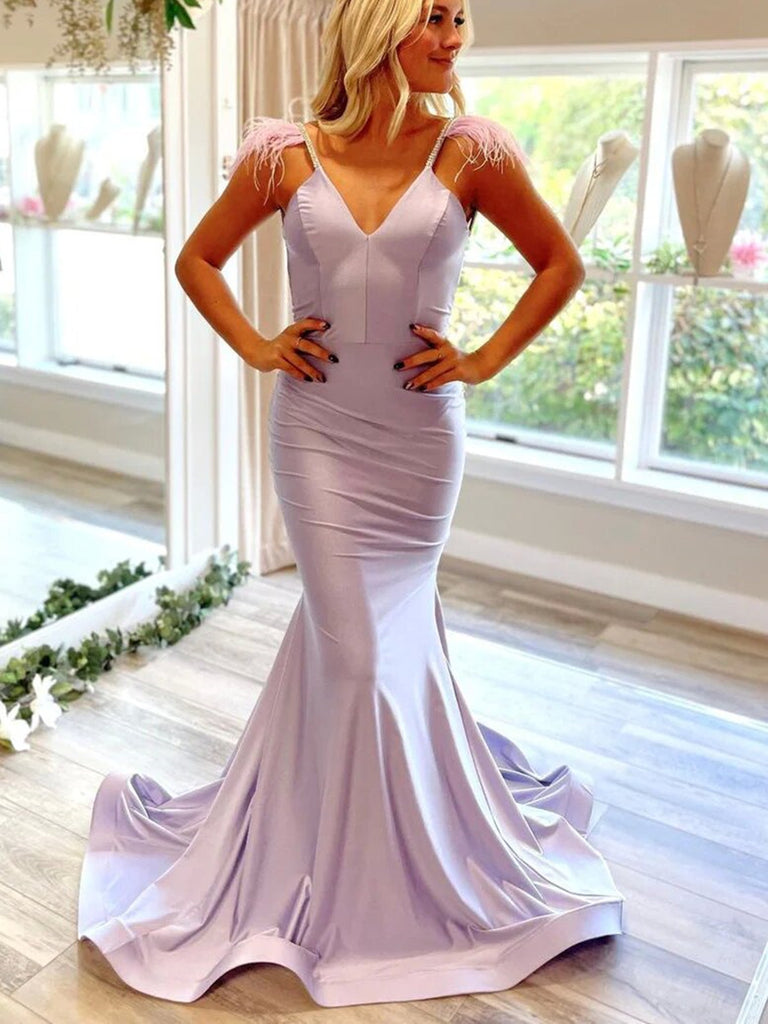 purple mermaid dress Elegant Lilac V Neck Mermaid Formal Dress, V Neck Purple Mermaid Long – morievent
